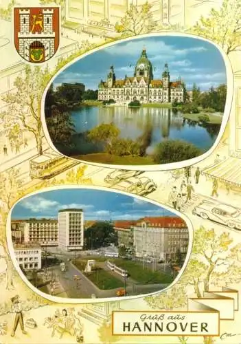 Ansichtskarte, Hannover, zwei Abb. und Wappen, gestaltet, um 1966