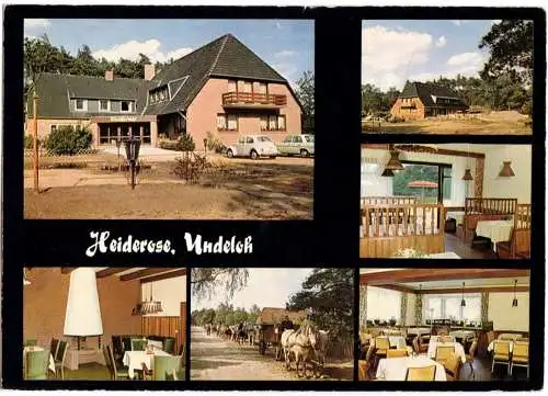 Ansichtskarte, Undeloh, Gast- und Pensionshaus "Heiderose", sechs Abb. gestaltet, um 1975