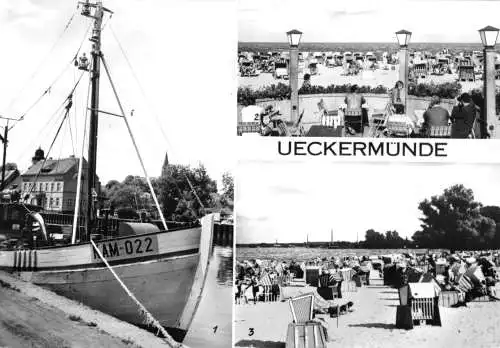 Ansichtskarte, Ueckermünde, drei Abb., u.a. Fischreiboot, 1977