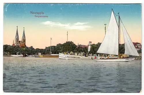 AK, Neuruppin, Seepanorama mit Dampfer und Segelboot, um 1925