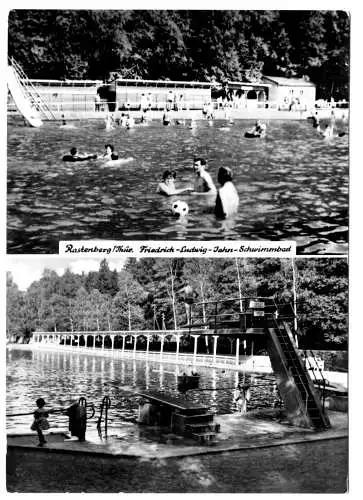 AK, Rastenberg Thür., Friedrich-Ludwig-Jahn-Schwimmbad, zwei Abb., belebt, 1970