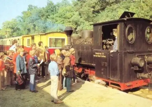 AK, Cottbus, Pioniereisenbahn, Dampfzug im Bahnhof, Kinder, 1989