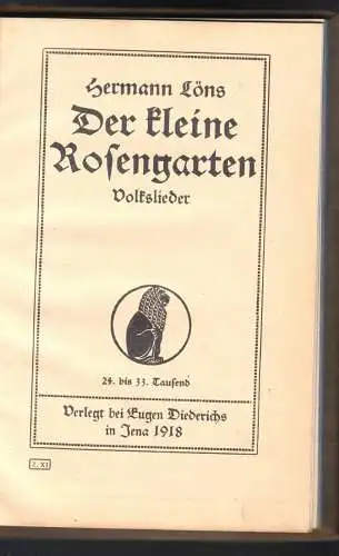 Löns, Hermann, Der kleine Rosengarten - Volkslieder, Einband bestickt, 1918