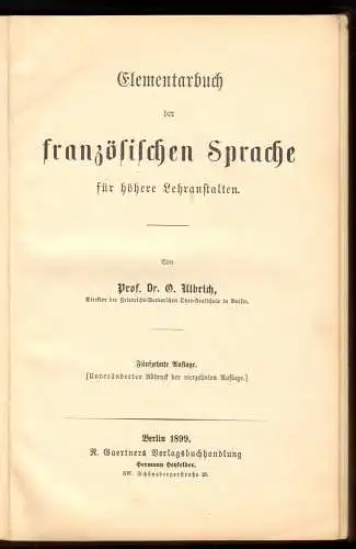 Ulbrich, Prof. Dr. O.; Elementarbuch der französischen Sprache, 1899
