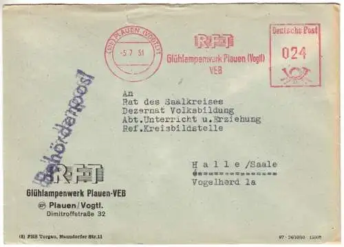 AFS, RFT Glühlampenwerk Plauen (vogtl), (10b) Plauen (Vogtl) 1, 5.7.51