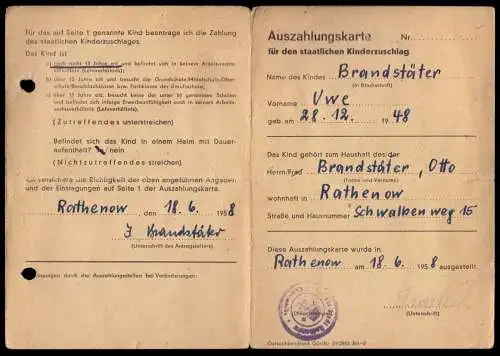 Auszahlungskarte für den staatlichen Kinderzuschlag [DDR], 1958