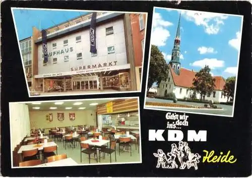 AK, Heide Holstein, drei Abb., Kaufhaus KDM, Gastraum, Kirche, 1970