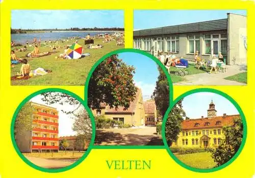 Ansichtskarte, Velten Kr. Oranienburg, fünf Abb., gestaltet, u.a. Kinderkrippe, 1986