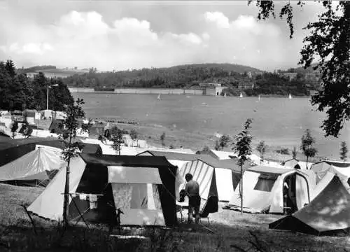 Ansichtskarte, Talsperre Pöhl bei Plauen Vogtl., Zeltplatz, belebt, 1976