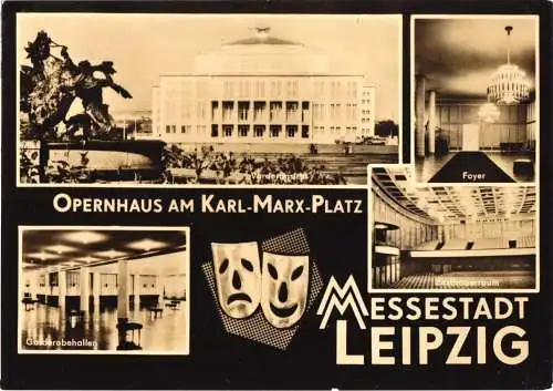 Ansichtskarte, Leipzig, Opernhaus am Karl-Marx-Platz, vier Abb., gestaltet, 1964