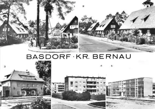 Ansichtskarte, Basdorf Kr. Bernau, fünf Abb., u.a. Kino und Oberschule, 1982