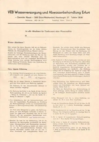 Information des VEB Wasserversorgung und Abwasserbehandlung Erfurt, um 1970