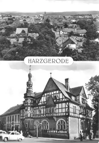 AK, Harzgerode Harz, zwei Abb., Teilansicht und Rathaus, 1967