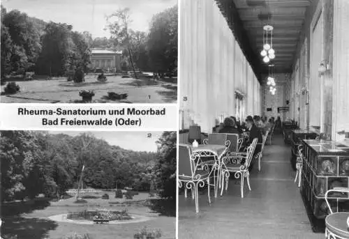 AK, Bad Freienwalde Oder, Rheuma-Sanatorium und Moorbad, drei Abb., um 1989