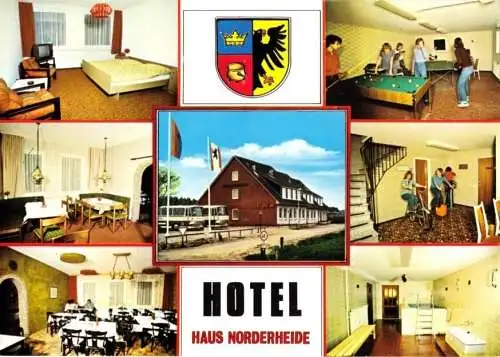 Ansichtskarte, West - Bordelum, Hotel Haus Norderheide, sieben Abb., Wappen, um 1980