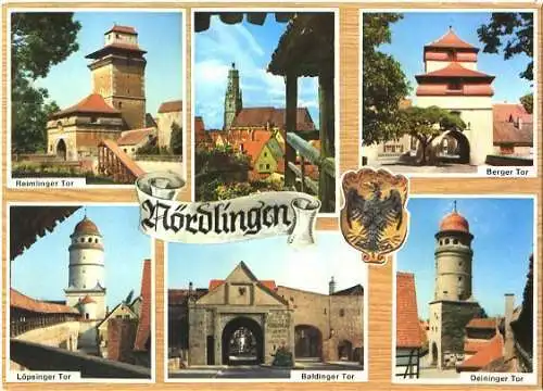 Ansichtskarte, Nördlingen, 6 Abb., u.a. Löpsinger Tor, ca. 1972