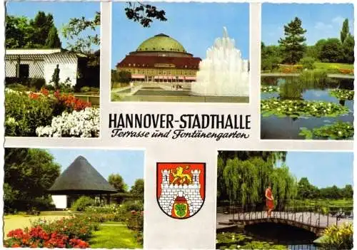 AK, Hannover, Stadthalle, Terrasse und Fontänengarten, fünf Abb., 1966