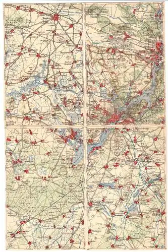 Vier zusammengehörende Farbklitho-Ansichtskarte, Landkarten, Areal um Potsdam, um 1923