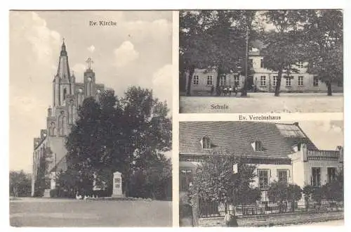 AK, Fehrbellin, drei Abb., Ev. Kirche, Schule, Vereinshaus, 1933