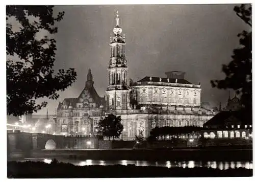 AK, Dresden, Dimitroffbrücke, Georgentor u. Probsteikirche, Nachtansicht, 1978