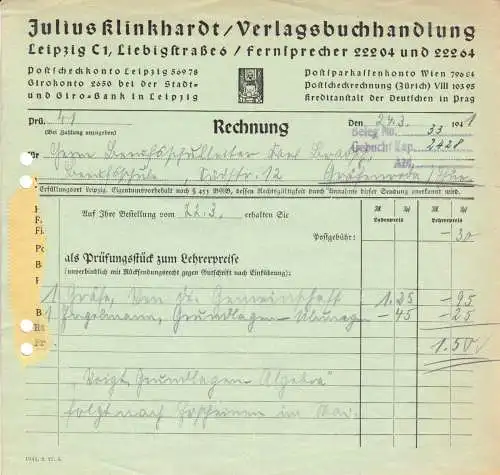 Rechnung, Verlagsbuchhandlung Julius Klinkhardt, Leipzig C 1, 24.3.41