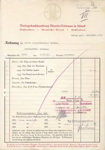 Rechnung, Verlagsbuchhandlung Charles Coleman in Lübeck, 9.12.36