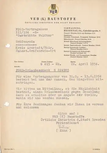 Anschreiben, VEB (K) Baustoffe Dresden bzgl. FDGB-Urlaub, 20. April 1954