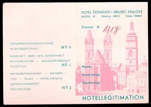 Hotelkarte, Hotel Cernigov, Hradec Králové, um 1970