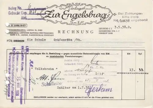 Rechnung, Buch- und Verlagshaus "Zur Engelsburg", Leipzig C 1, 03.05.38