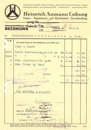 Rechnung, Fa. Heinrich Aumann, Coburg, Papiergrosshandlung, 4.2.44