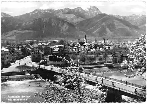 AK, Rosenheim am Inn, Teilansicht mit Innbrücke und Wendelstein, 1962