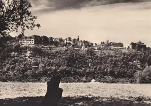 Ansichtskarte, Dornburg Kr. Jena, Blick vom Saaletal auf die Dornburger Schlösser, 1961