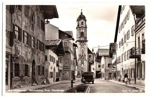 AK, Mittenwald, Neunerhaus, Post und Pfarrkirche,  um 1939