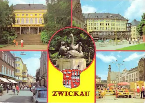 Ansichtskarte, Zwickau, fünf Abb. und Wappen, 1980