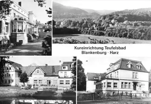 Ansichtskarte, Blankenburg Harz, Kureinrichtung Teufelsbad, vier Abb., 1985