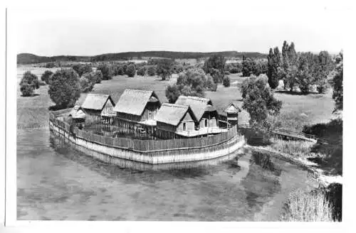 Ansichtskarte, Unteruhldingen am Bodensee, Freilichtmuseum, Pfahldorf, Version 2, um 1957