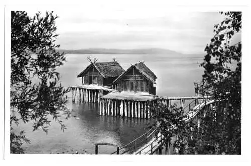 Ansichtskarte, Unteruhldingen am Bodensee, Freilichtmuseum, Pfahldorf, Version 3, um 1957