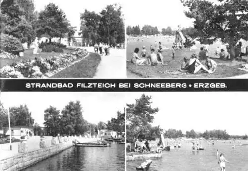 Ansichtskarte, Schneeberg Erzgeb., Strandbad Filzteich, 4 Abb.