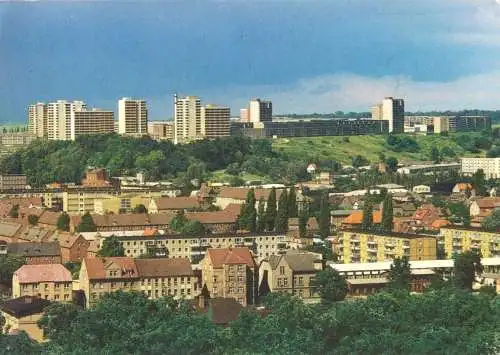 Ansichtskarte, Neubrandenburg, Blick über die Altstadt zu Neubaugebieten, um 1988