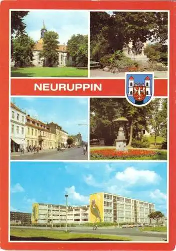 Ansichtskarte, Neuruppin, fünf Abb., Wappen, u.a. Oberschule, 1986