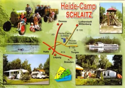 Ansichtskarte, Schlaitz, Heide-Camp Schlaitz am Muldestausee, sechs Abb., gestaltet, 2005