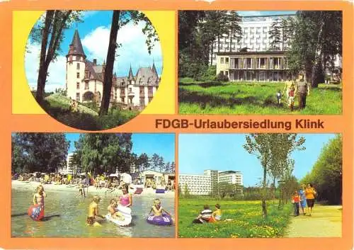 Ansichtskarte, Klink Kr. Waren Müritz, FDGB-Urlaubersiedlung Klink, vier Abb., 1984