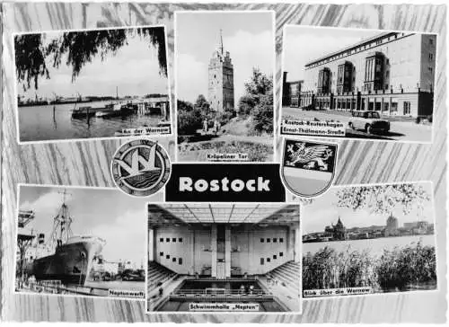 Ansichtskarte, Rostock, sechs Abb., gestaltet, Wappen, 1961