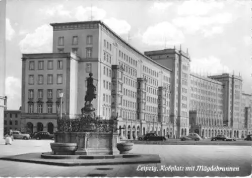 Ansichtskarte, Leipzig, Roßplatz mit Mägdebrunnen, 1958