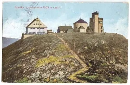 AK, Riesengebirge, Krkonoše, Gipfelbebauung auf der Scheekoppe, 1921