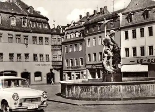 Ansichtskarte, Gera, Markt mit Simsonbrunnen und Stadtapotheke, 1968