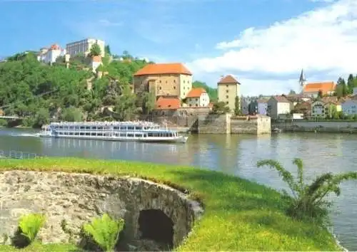 Ansichtskarte, Passau, Teilansicht mit Dampfer MS Donau, um 1985