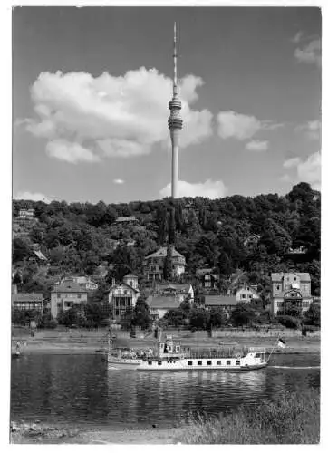 Ansichtskarte, Dresden, Fernsehturm Wachwitz, Elbe mit MS "Torgau", 1970