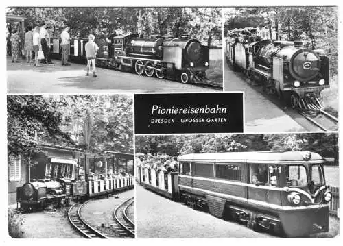 AK, Dresden, Großer Garten, Pioniereisenbahn, vier Abb., 1975