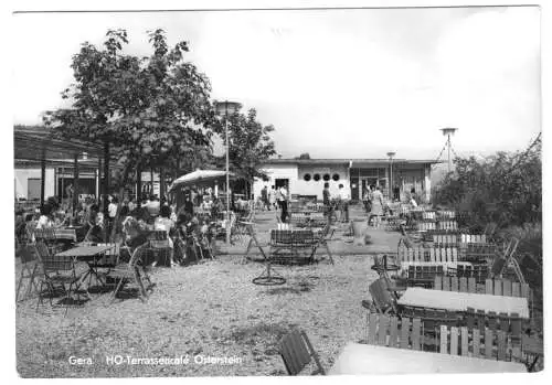 Ansichtskarte, Gera, HO-Terrassencafé Osterstein, belebt, 1974